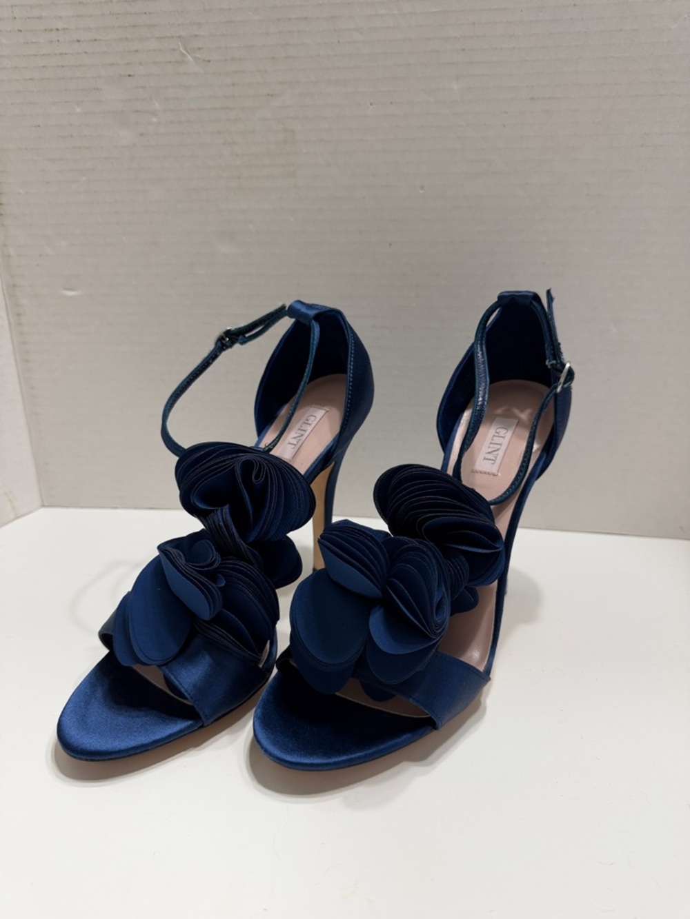 Glint Navy Satin Floral Dress Heels with Ankle Strap